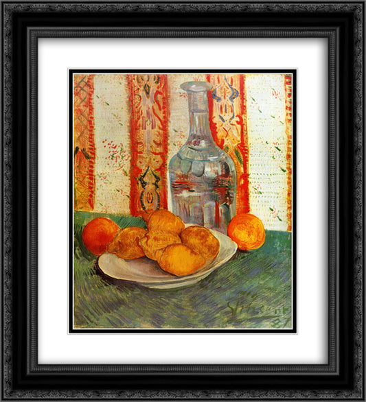 Still Life with Decanter and Lemons on a Plate 20x22 Black Ornate Wood Framed Art Print Poster with Double Matting by Van Gogh, Vincent