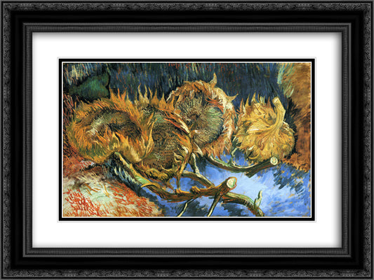 Still Life with Four Sunflowers 24x18 Black Ornate Wood Framed Art Print Poster with Double Matting by Van Gogh, Vincent