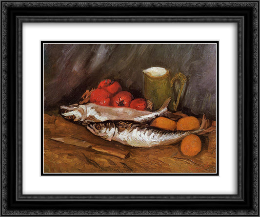 Still Life with Mackerels, Lemons and Tomatoes 24x20 Black Ornate Wood Framed Art Print Poster with Double Matting by Van Gogh, Vincent