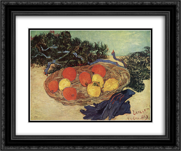 Still Life with Oranges and Lemons with Blue Gloves 24x20 Black Ornate Wood Framed Art Print Poster with Double Matting by Van Gogh, Vincent