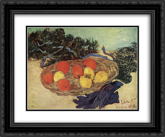 Still Life with Oranges and Lemons with Blue Gloves 24x20 Black Ornate Wood Framed Art Print Poster with Double Matting by Van Gogh, Vincent