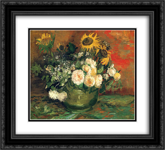 Still Life with Roses and Sunflowers 22x20 Black Ornate Wood Framed Art Print Poster with Double Matting by Van Gogh, Vincent