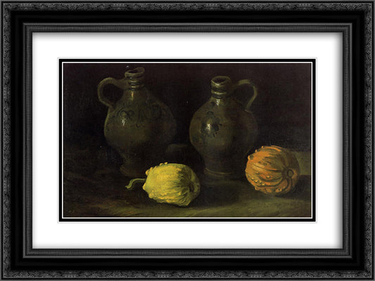 Still Life with Two Jars and Two Pumpkins 24x18 Black Ornate Wood Framed Art Print Poster with Double Matting by Van Gogh, Vincent