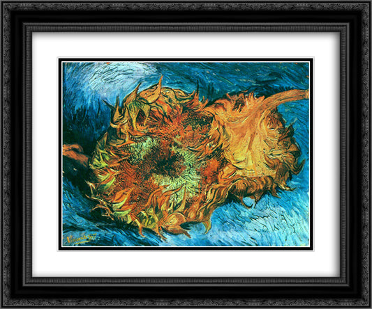 Still Life with Two Sunflowers 24x20 Black Ornate Wood Framed Art Print Poster with Double Matting by Van Gogh, Vincent