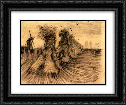 Stooks and a Mill 24x20 Black Ornate Wood Framed Art Print Poster with Double Matting by Van Gogh, Vincent