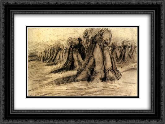 Stooks and a Peasant Stacking Sheaves 24x18 Black Ornate Wood Framed Art Print Poster with Double Matting by Van Gogh, Vincent