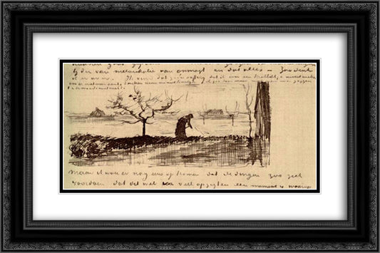 Stooping Woman in Landscape 24x16 Black Ornate Wood Framed Art Print Poster with Double Matting by Van Gogh, Vincent