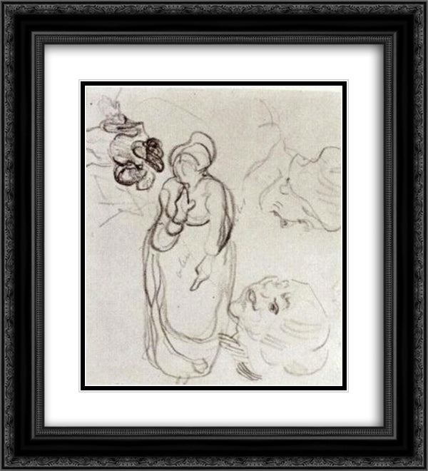 Study of a Woman Standing, Two Heads, Another Figure 20x22 Black Ornate Wood Framed Art Print Poster with Double Matting by Van Gogh, Vincent