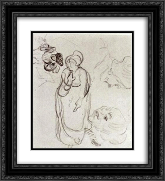 Study of a Woman Standing, Two Heads, Another Figure 20x22 Black Ornate Wood Framed Art Print Poster with Double Matting by Van Gogh, Vincent