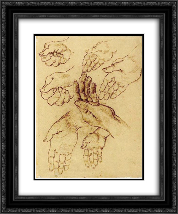 Study Sheet with Seven Hands 20x24 Black Ornate Wood Framed Art Print Poster with Double Matting by Van Gogh, Vincent