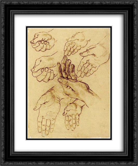 Study Sheet with Seven Hands 20x24 Black Ornate Wood Framed Art Print Poster with Double Matting by Van Gogh, Vincent