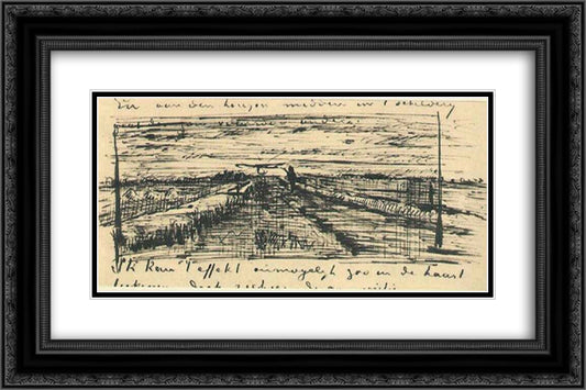 Sunset Over a Meadow 24x16 Black Ornate Wood Framed Art Print Poster with Double Matting by Van Gogh, Vincent