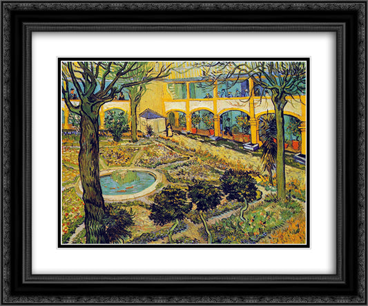 The Courtyard of the Hospital in Arles 24x20 Black Ornate Wood Framed Art Print Poster with Double Matting by Van Gogh, Vincent