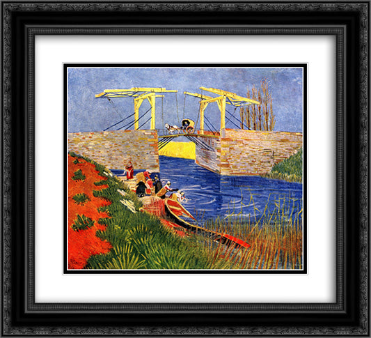 The Langlois Bridge at Arles with Women Washing 22x20 Black Ornate Wood Framed Art Print Poster with Double Matting by Van Gogh, Vincent
