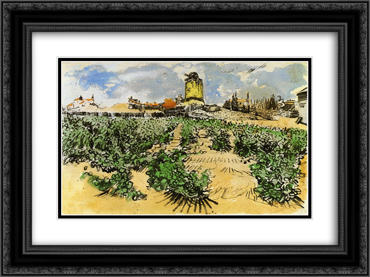 The Mill of Alphonse Daudet at Fontevieille 24x18 Black Ornate Wood Framed Art Print Poster with Double Matting by Van Gogh, Vincent