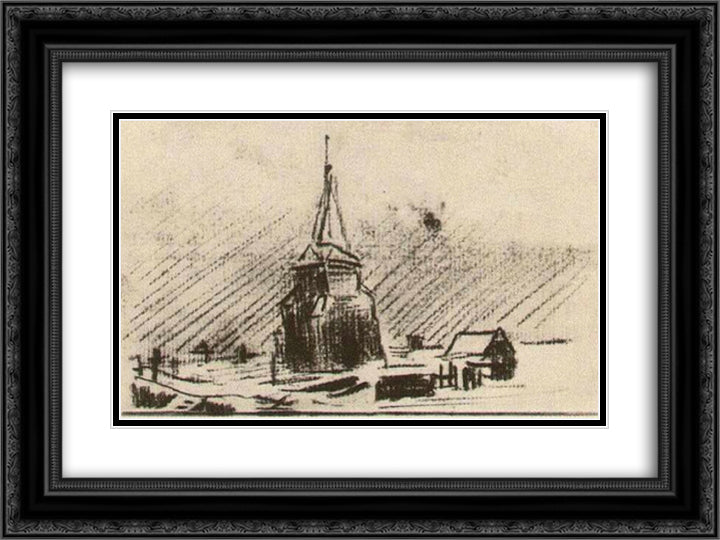 The Old Tower in the Snow 24x18 Black Ornate Wood Framed Art Print Poster with Double Matting by Van Gogh, Vincent