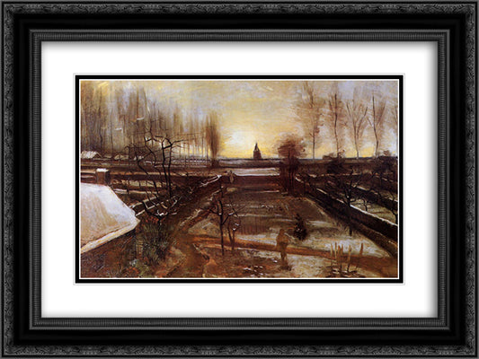 The Parsonage Garden at Nuenen in the Snow 24x18 Black Ornate Wood Framed Art Print Poster with Double Matting by Van Gogh, Vincent