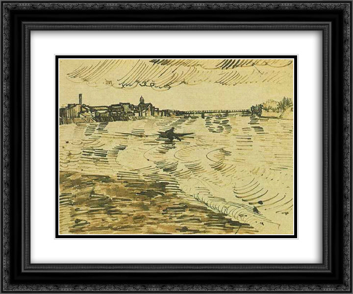 The Rhone with Boats and a Bridge 24x20 Black Ornate Wood Framed Art Print Poster with Double Matting by Van Gogh, Vincent