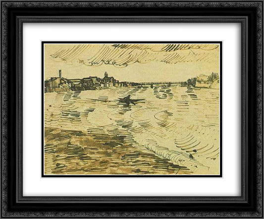 The Rhone with Boats and a Bridge 24x20 Black Ornate Wood Framed Art Print Poster with Double Matting by Van Gogh, Vincent