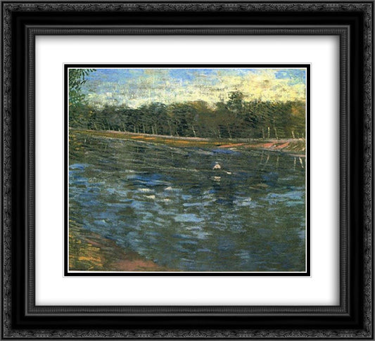 The Seine with a Rowing Boat 22x20 Black Ornate Wood Framed Art Print Poster with Double Matting by Van Gogh, Vincent