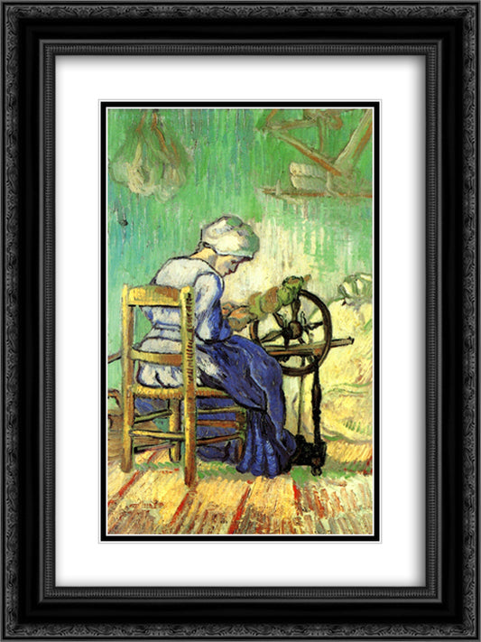 The Spinner (after Millet) 18x24 Black Ornate Wood Framed Art Print Poster with Double Matting by Van Gogh, Vincent