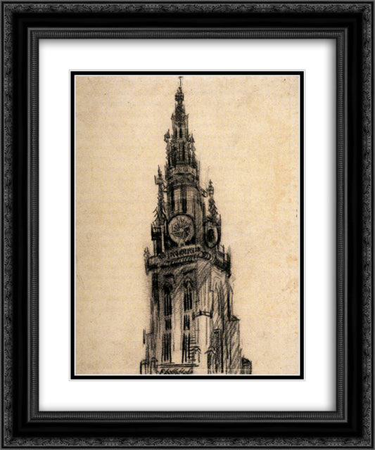 The Spire of the Church of Our Lady 20x24 Black Ornate Wood Framed Art Print Poster with Double Matting by Van Gogh, Vincent
