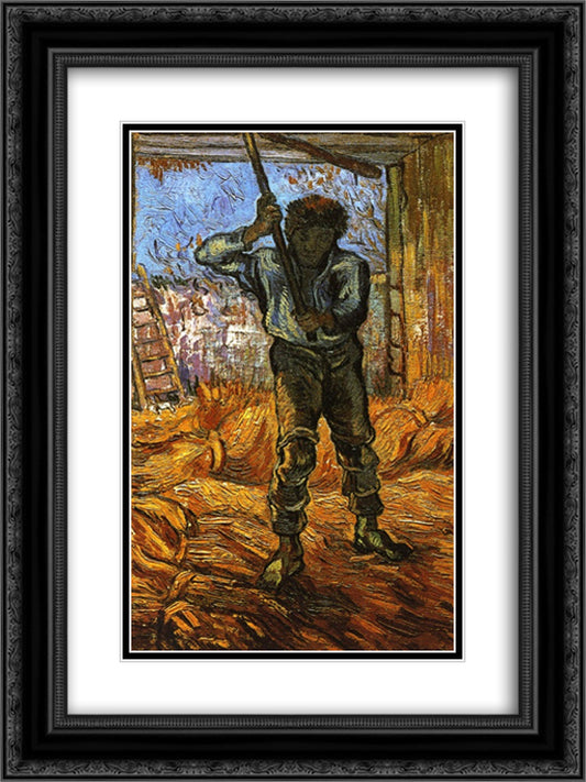 The Thresher (after Millet) 18x24 Black Ornate Wood Framed Art Print Poster with Double Matting by Van Gogh, Vincent