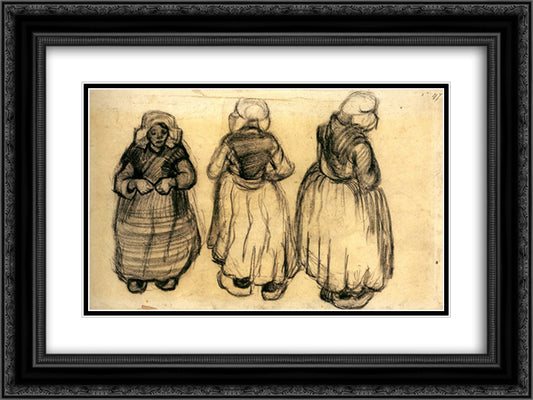 Three Studies of a Woman with a Shawl 24x18 Black Ornate Wood Framed Art Print Poster with Double Matting by Van Gogh, Vincent