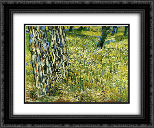 Tree Trunks in the Grass 24x20 Black Ornate Wood Framed Art Print Poster with Double Matting by Van Gogh, Vincent