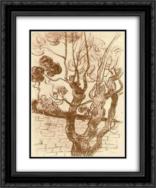 Treetop Seen against the Wall of the Asylum 20x24 Black Ornate Wood Framed Art Print Poster with Double Matting by Van Gogh, Vincent