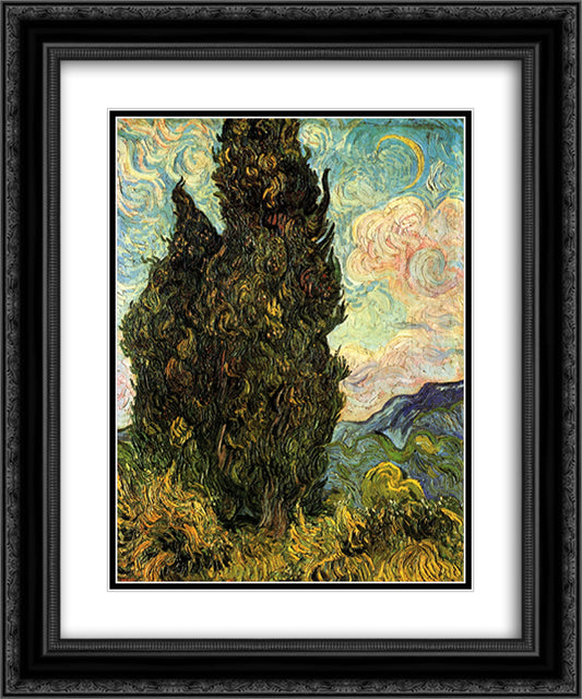 Two Cypresses 20x24 Black Ornate Wood Framed Art Print Poster with Double Matting by Van Gogh, Vincent