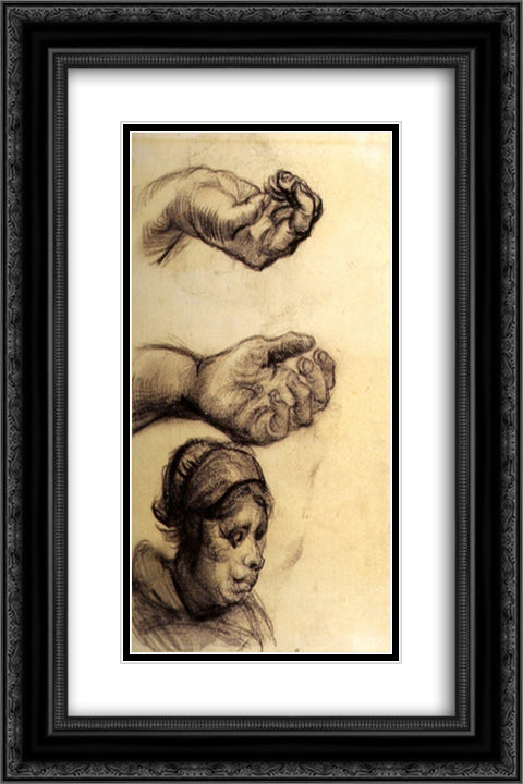 Two Hands and a Woman s Head 16x24 Black Ornate Wood Framed Art Print Poster with Double Matting by Van Gogh, Vincent
