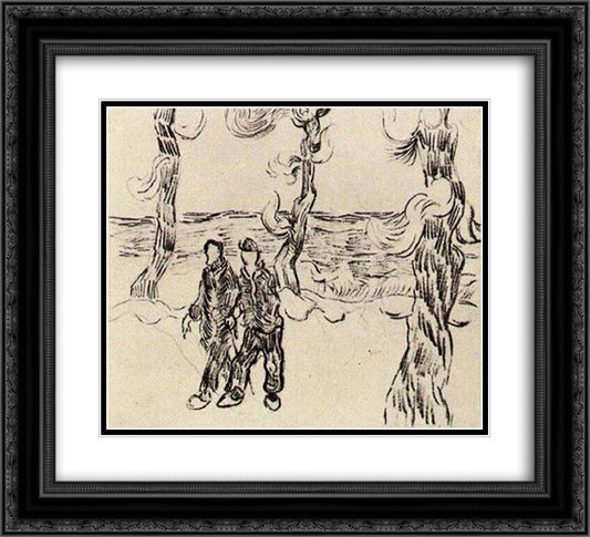 Two Men on a Road with Pine Trees 22x20 Black Ornate Wood Framed Art Print Poster with Double Matting by Van Gogh, Vincent