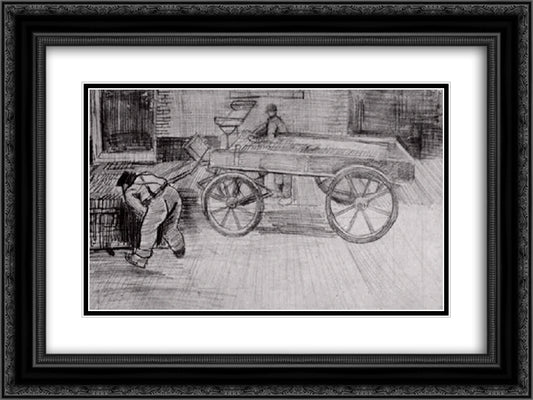 Two Men with a Four-Wheeled Wagon 24x18 Black Ornate Wood Framed Art Print Poster with Double Matting by Van Gogh, Vincent