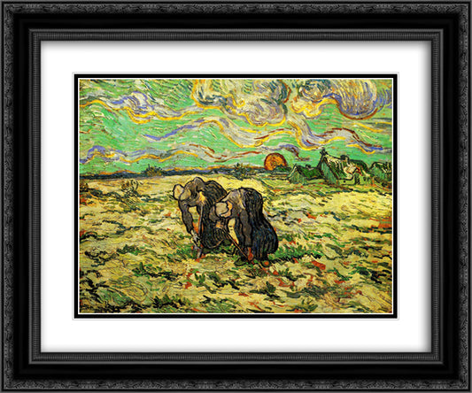 Two Peasant Women Digging in Field with Snow 24x20 Black Ornate Wood Framed Art Print Poster with Double Matting by Van Gogh, Vincent