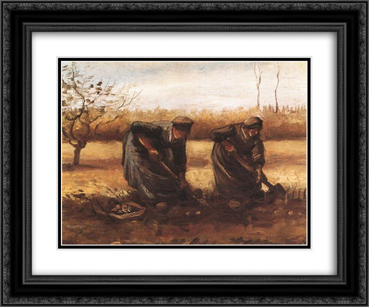 Two peasant women digging potatoes 24x20 Black Ornate Wood Framed Art Print Poster with Double Matting by Van Gogh, Vincent