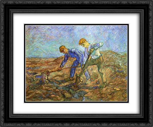Two Peasants Diging (after Millet) 24x20 Black Ornate Wood Framed Art Print Poster with Double Matting by Van Gogh, Vincent