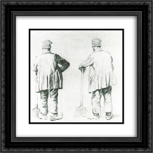 Two Sketches of a Man Leaning on His Spade 20x20 Black Ornate Wood Framed Art Print Poster with Double Matting by Van Gogh, Vincent