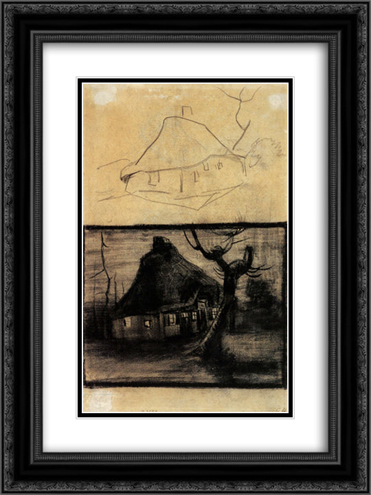 Two Studies of a Cottage 18x24 Black Ornate Wood Framed Art Print Poster with Double Matting by Van Gogh, Vincent