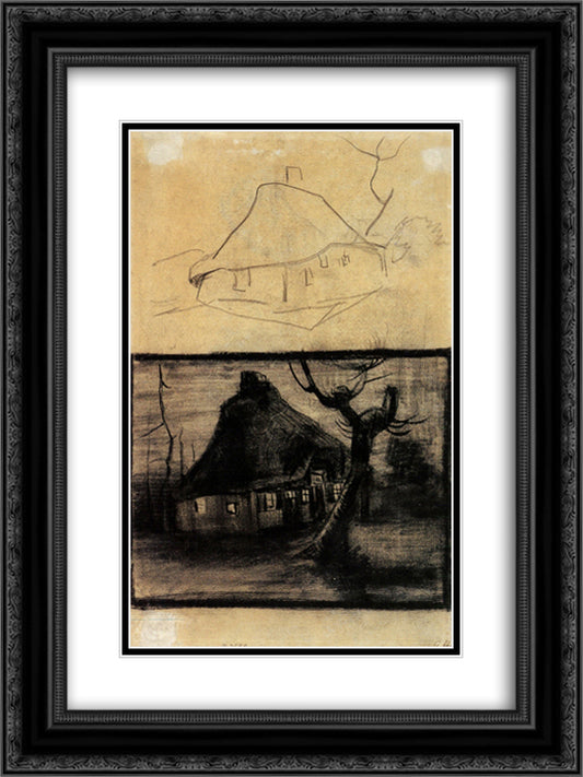Two Studies of a Cottage 18x24 Black Ornate Wood Framed Art Print Poster with Double Matting by Van Gogh, Vincent