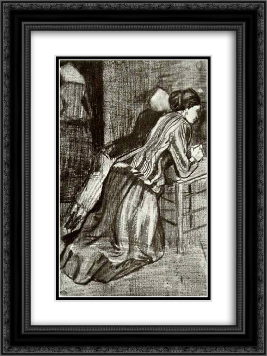 Two Women, Kneeling 18x24 Black Ornate Wood Framed Art Print Poster with Double Matting by Van Gogh, Vincent