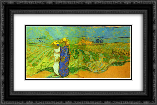 Two Women Crossing the Fields 24x16 Black Ornate Wood Framed Art Print Poster with Double Matting by Van Gogh, Vincent