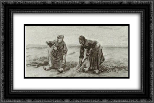 Two Women Talking to Each Other While Digging 24x16 Black Ornate Wood Framed Art Print Poster with Double Matting by Van Gogh, Vincent