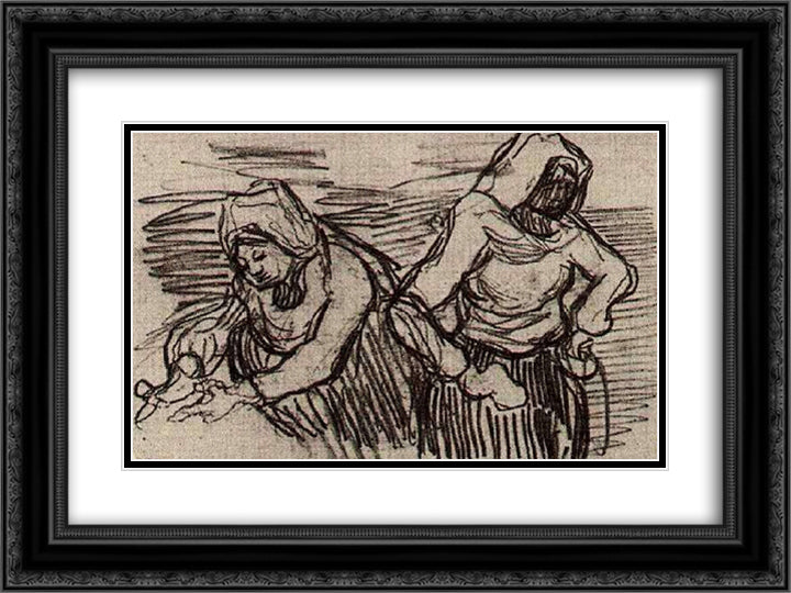 Two Women Working in the Field 24x18 Black Ornate Wood Framed Art Print Poster with Double Matting by Van Gogh, Vincent