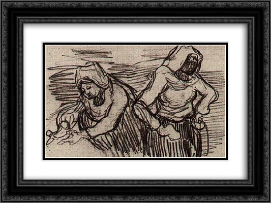 Two Women Working in the Field 24x18 Black Ornate Wood Framed Art Print Poster with Double Matting by Van Gogh, Vincent