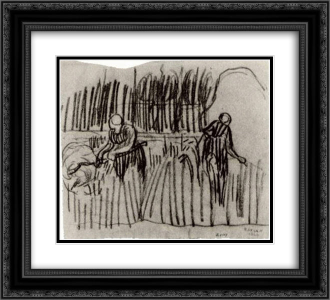 Two Women Working in Wheat Field 22x20 Black Ornate Wood Framed Art Print Poster with Double Matting by Van Gogh, Vincent