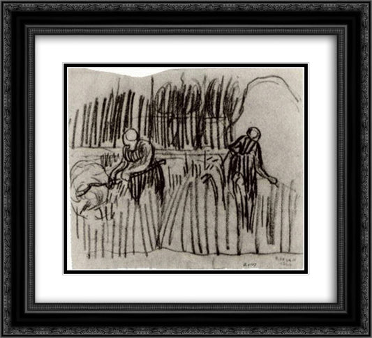 Two Women Working in Wheat Field 22x20 Black Ornate Wood Framed Art Print Poster with Double Matting by Van Gogh, Vincent