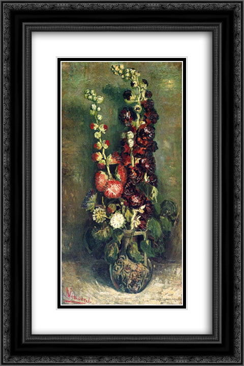 Vase of Hollyhocks 16x24 Black Ornate Wood Framed Art Print Poster with Double Matting by Van Gogh, Vincent