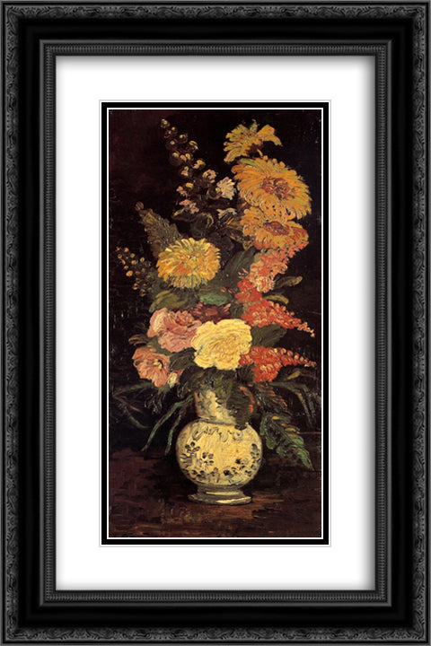 Vase with Asters, Salvia and Other Flowers 16x24 Black Ornate Wood Framed Art Print Poster with Double Matting by Van Gogh, Vincent