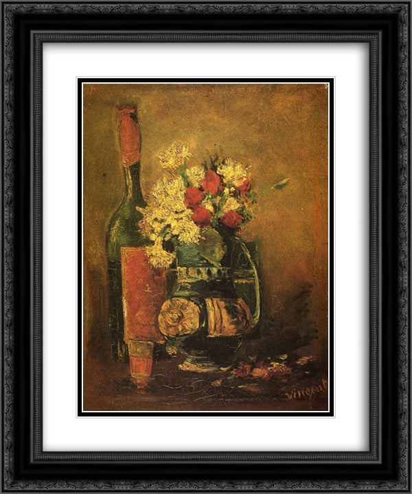 Vase with Carnations and Bottle 20x24 Black Ornate Wood Framed Art Print Poster with Double Matting by Van Gogh, Vincent